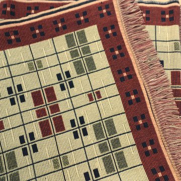 Sofadecke 130x260 hellgelb, schwarz rotes Karomuster, Fransen