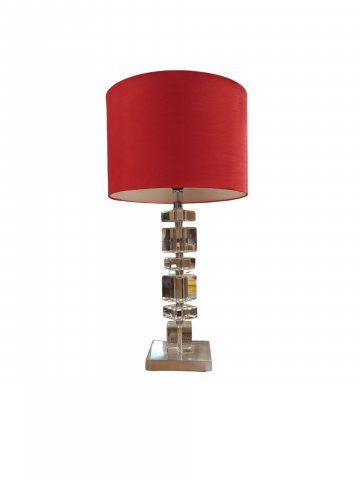 Tischlampe, Chrom, Säule mit Kristallglaswürfeln, Fuß quadr. Edelstahl, Schirm Stoff konisch beige