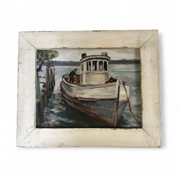 P- Ölbild auf Malkarton, Boot am Anleger, weißer Holzrahmen, Vintage