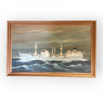 Bild / Ölbild auf Pappe, Frachter auf See, gerahmt in schmaler Goldleiste