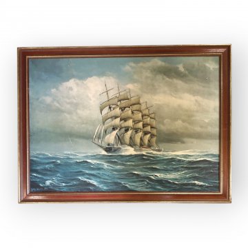 P- Bild gerahmt, Druck, Segelschiff auf See, Wolken, vergoldeter Holzrahmen