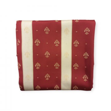 Vorhang H293xB120, weinrot, Satin, crèmefarb. Längsstreifen, goldene,stilisierte Schwertlilie