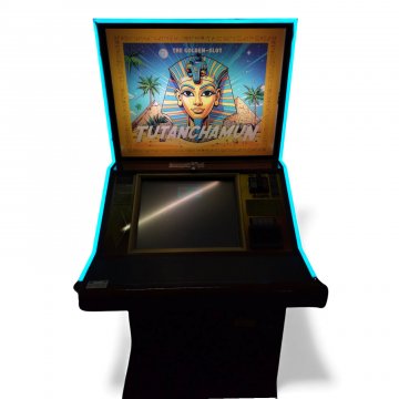 Spielautomat TUT ANCH AMUN, Korpus Holz in Wurzelholzoptik, umlaufende LED mit automatischem Farbwechsel, Rückwand (Grabmaske und Pyramiden) beleuchtet, Bildschirm ansteuerbar, NUR STEHENDER TRANSPORT