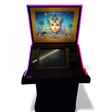 Spielautomat TUT ANCH AMUN, Korpus Holz in Wurzelholzoptik, umlaufende LED mit automatischem Farbwechsel, Rückwand (Grabmaske und Pyramiden) beleuchtet, Bildschirm ansteuerbar, NUR STEHENDER TRANSPORT