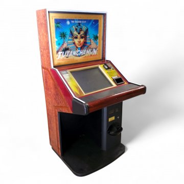 Spielautomat TUT ANCH AMUN, Korpus Holz in Wurzelholzoptik, umlaufende LED mit automatischem Farbwechsel, Rückwand (Grabmaske und Pyramiden) beleuchtet, Bildschirm ansteuerbar, NUR STEHENDER TRANSPORT