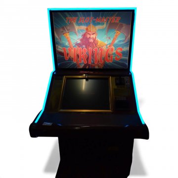 Spielautomat VICKINGS 1,Korpus Holz in Wurzelholzoptik, umlaufende LED mit automatischem Farbwechsel, Rückwand (Wikinger mit Äxten) beleuchtet, Bildschirm ansteuerbar, NUR STEHENDER TRANSPORT