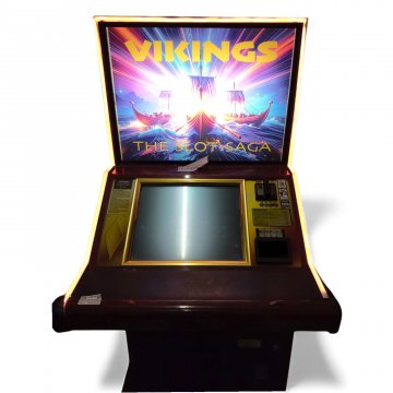 Spielautomat VICKINGS 2,Korpus Holz in Wurzelholzoptik, umlaufende LED mit automatischem Farbwechsel, Rückwand (Wikingerschiffe) beleuchtet, Bildschirm ansteuerbar, NUR STEHENDER TRANSPORT