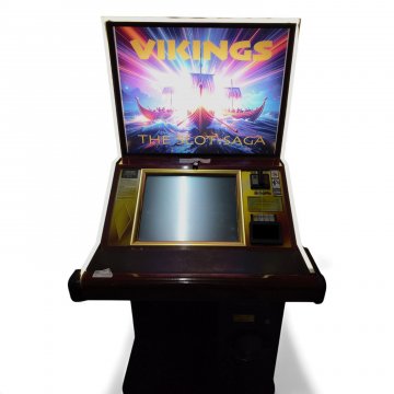 Spielautomat VICKINGS 2,Korpus Holz in Wurzelholzoptik, umlaufende LED mit automatischem Farbwechsel, Rückwand (Wikingerschiffe) beleuchtet, Bildschirm ansteuerbar, NUR STEHENDER TRANSPORT