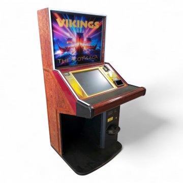 Spielautomat VICKINGS 2,Korpus Holz in Wurzelholzoptik, umlaufende LED mit automatischem Farbwechsel, Rückwand (Wikingerschiffe) beleuchtet, Bildschirm ansteuerbar, NUR STEHENDER TRANSPORT