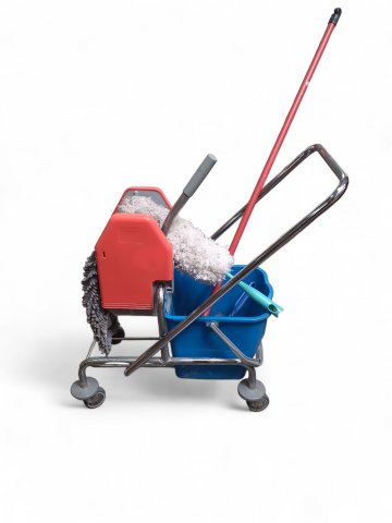 Reinigungswagen, klein, mit 2 Eimer rot/blau, 90er Jahre, ca 80 x40x60cm, Putzwagen, Putzsachen extra