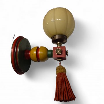 Wandlampe, Wandarm, Holz, bunt, grün - rot- gelb, Ausleger mit Quaste, 1flg. E27, Glasbestückung