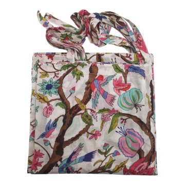 Vorhang H285xB135, weißgrundig mit exotischen Blüten und Vögel in rosa/rot/türkis, braune Äste, Baumwolle mit Schleifen