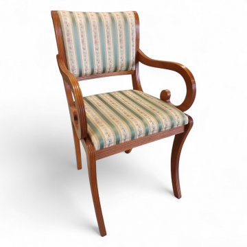 Armlehnstuhl BIE Birke hell Sitz- u. Rückenlehne gestreifter Biedermeierbezug beige/grün/gold gemustert 