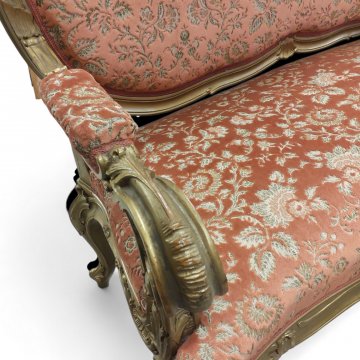 Sofa BAR rot/goldener Brokatbezug, geschnitztes vergoldetes Gestell, 2-sitzig, 135x50x100cm, 022/90