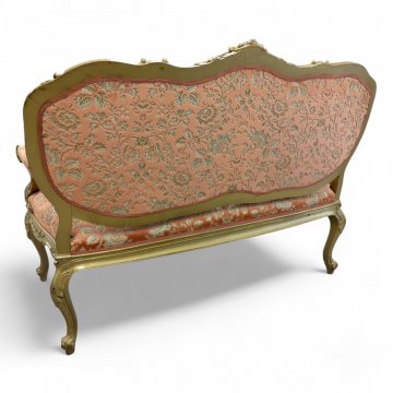 Sofa BAR rot/goldener Brokatbezug, geschnitztes vergoldetes Gestell, 2-sitzig, 135x50x100cm, 022/90