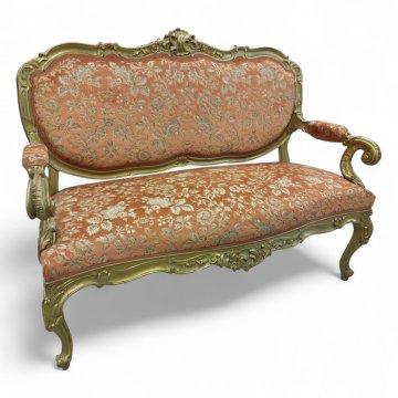 Sofa BAR rot/goldener Brokatbezug, geschnitztes vergoldetes Gestell, 2-sitzig, 135x50x100cm, 022/90