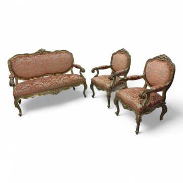 Sofa BAR rot/goldener Brokatbezug, geschnitztes vergoldetes Gestell, 2-sitzig, 135x50x100cm, 022/90