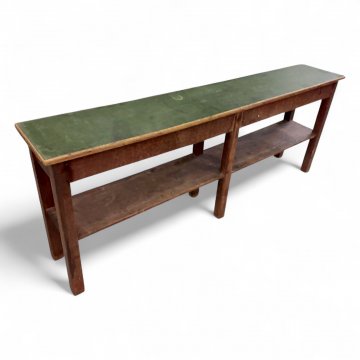 Konsolentisch, hochbeinig, schmal, Kiefer lasiert, grüne Linoleumplatte, 200x35x78cm