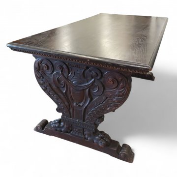 Schreibtisch, REN, Eiche dunkel, reich geschnitzte Wangen, Stegverbindung, 170x92x82cm