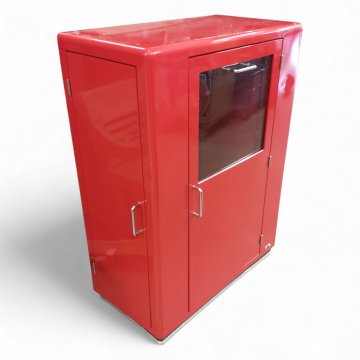 Barschrank, NEU, Metall rot, Frontür mit versenkb. Scheibe, 2 Seitentüren,  Rollen, Glasböden, 87x45x120cm