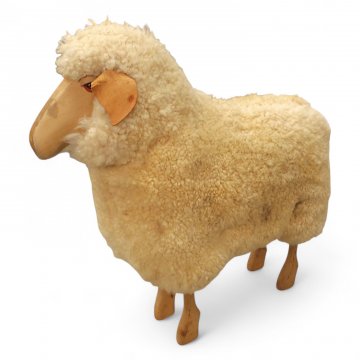 Schaf, echte Schafwolle beige, Holzbeine, Lederohren, Schulterhöhe 65