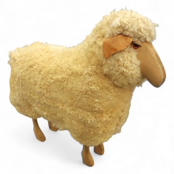 Schaf, echte Schafwolle beige, Holzbeine, Lederohren, Schulterhöhe 65