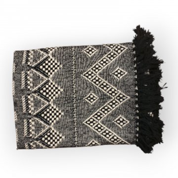 P- Decke, 130x170, schwarz/weiß verschiedene Rautenmuster, Baumwolle, gewebt mit Fransen