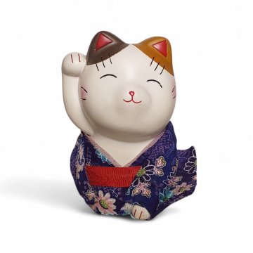 Figur Winkekatze, Manekineko, japanisch, Keramik, weiß-braun, lila Stoff-Kimono, Kitsch, 14H