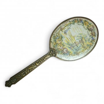 Handspiegel Messing, ovaler Spiegel, floral verzieter dünner Stiel, pastell farbenes Stoffbild, Tempel, Segelboot, 26H