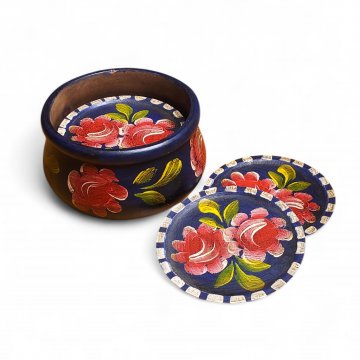 Glasuntersetzer Holz, in runder Halterung, sechs Stück, dunkelblau-rot-grün, bäuerlich bemalt