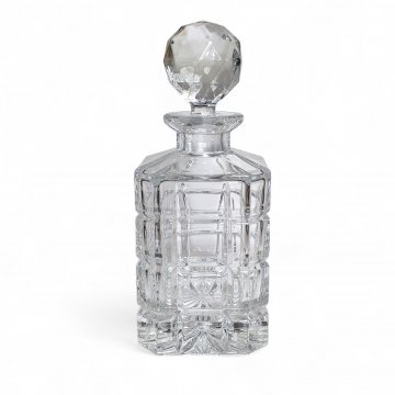 Whiskey-Karaffe Glas, eckiger Schliff, runder Stöpsel mit Facettenschliff, Boden mit Sternschliff, 25H