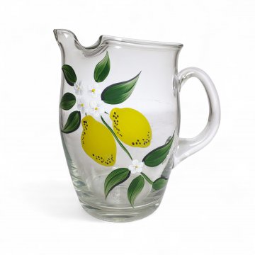 Saftkrug Glas, handbemalt, gelbe Zitronen, grüne Blätter, weiße Blüten,20H