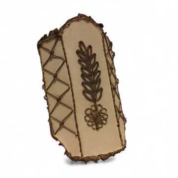 Halbblender, DRJ,  E14, Seide beige, Goldborte, Blattornament, eckig, 20cmH, Steckblender