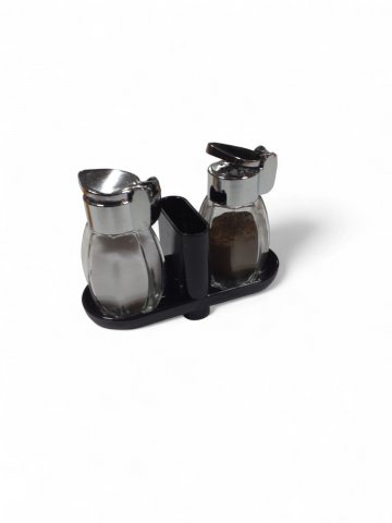 Salz+Pfeffer Set, L 12 cm,H 9 cm, B 5cm, Glas,silber ,schwarz,Behälter ohne Zahnstocher