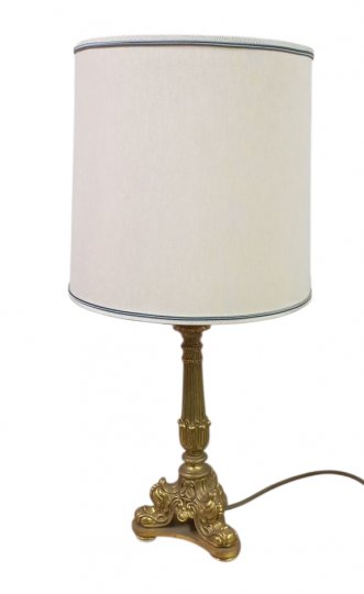 Tischlampe Bronze klein, reich verzierte Säule, 3-eckiger Fuß, h 30 cm, Schirm extra