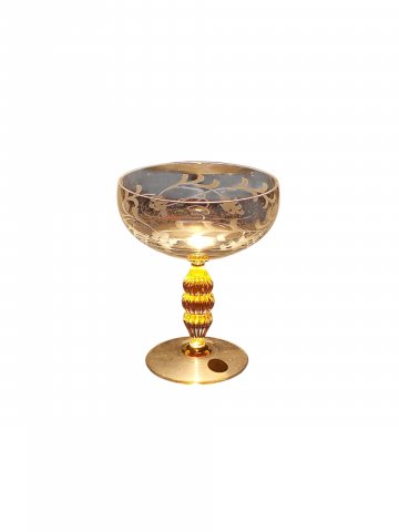 Sektschale SCHÖN, mit Gravur, verzierter gelber Fuß, h 13,5 cm, D 10 cm