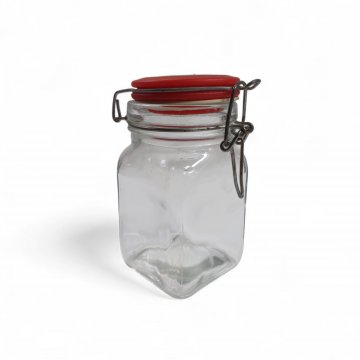 Vorratsglas, Glas, eckig,H 12 cm,B 6 cm, mit Deckel chrom,roter Rand, mit Metallverschluss