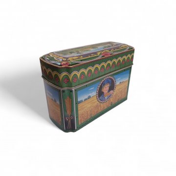 Blechbüchse WASA, Dose für Knäckebrot, grün,rosa,gelb, mit Muster und Junge,H 19,5cm, B 13cm, T 9cm