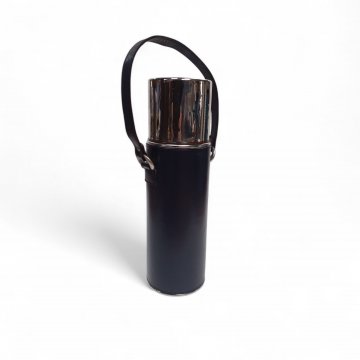 Thermosflasche in Lederschaft, blau, Leder, Edelstahl, mit Trageriemen, runder Deckel, 26 x 8,5 cm