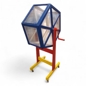 Lostrommel, Holz/Plexi, 8-eckig Ø90, Handkurbel, Rollgestell H162 B/T50, blau/rot/gelb