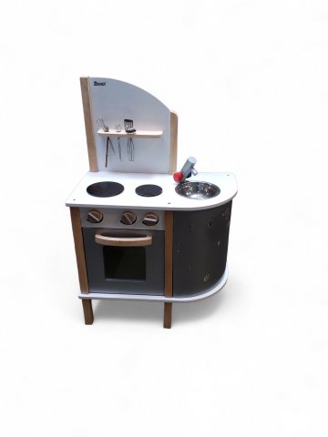 Spielküche HOWI, Holz, Kunststoff, mit 5x Küchenbesteck,B: 54 cm H: 84 cm T: 30 cm, mit Gebrauchsspuren