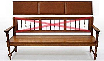 Gerichtsbank, JHW, Mahagoni massiv, gedrehte Beine, Rückenteile aus Leder 180x45x82 cm