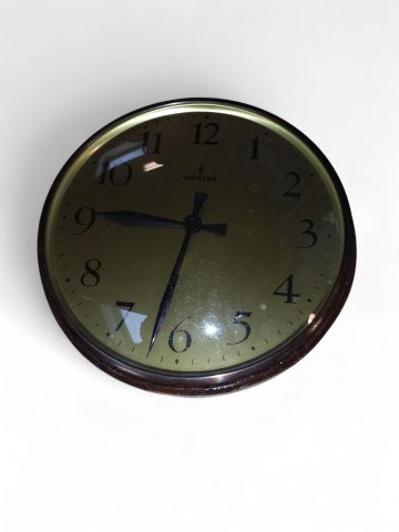 Wanduhr/Werksuhr SIEMENS, Gehäuse Holz braun, Ziffernblatt aus Messing, schwarzer Zeiger,  ø28,5cm, 50er Jahre