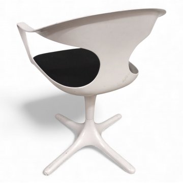Schalensessel LÜBKE - KONRAD SCHÄFER 1960 - 1969, Kunststoff weiß, Rücken offen, gebogen, loses Sitzkissen schwarz, Säule 4-füßig