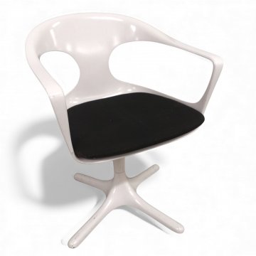 Schalensessel LÜBKE - KONRAD SCHÄFER 1960 - 1969, Kunststoff weiß, Rücken offen, gebogen, loses Sitzkissen schwarz, Säule 4-füßig