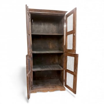 Schrank, Teak dkl.braun, 4-türig, gestäbt offen, Ringgriffe, Sims, B90xT46xH214