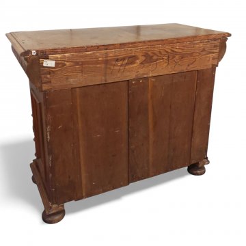 Kommode, Eiche braun, 2-türig, 2 Schübe, seitlich Säulen kanneliert, Schnitzereien, Kugelfüße, B110xT49xH88