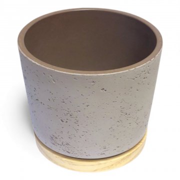 Übertopf Keramik, aubergine rauh, Boden Holz, H12xØ14cm