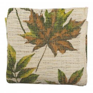 Vorhang H170xB110, creme mit Ahornblättern in grün/braun, wollartiges, grobes Gewebe, vintage, mit Gardinenband