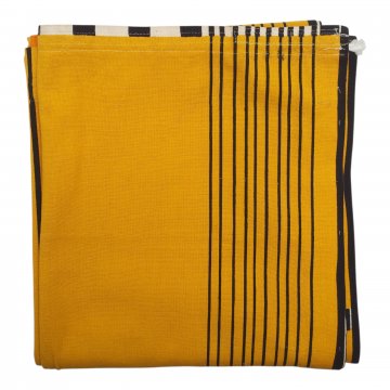 Vorhang H271xB116, gelb, Baumwoll-Canvas, schwarze Längsstreifen in unterschiedlichen Abständen, Querstreifen im Abstand von ca. 50cm, weiß m. schwarzen Vierecken, mit Gardinenband